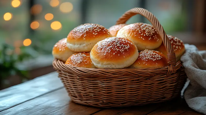A basket filled with freshly baked brown and serve dinner rolls.