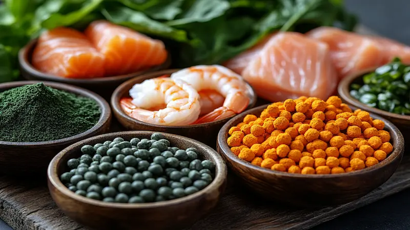A colorful assortment of natural fish food ingredients.
