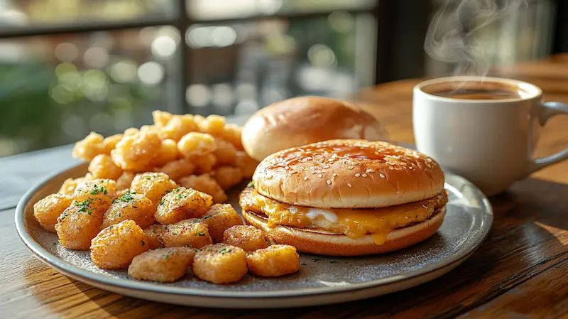 A complete Burger King breakfast spread with Croissan’wich, French Toast Sticks, hash browns, and coffee.