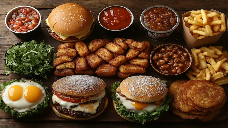 A spread of Burger King breakfast items including Croissan’wich, hash browns, and French Toast Sticks.