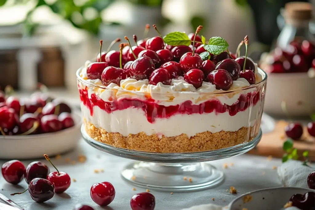 Cherry Yum Yum Dessert in a Glass Dish with Garnish
