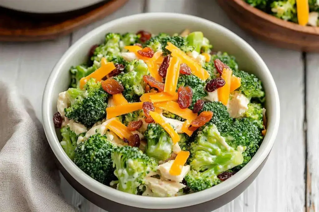 A large bowl of homemade Chicken Salad Chick Broccoli Salad, garnished with bacon and sunflower seeds