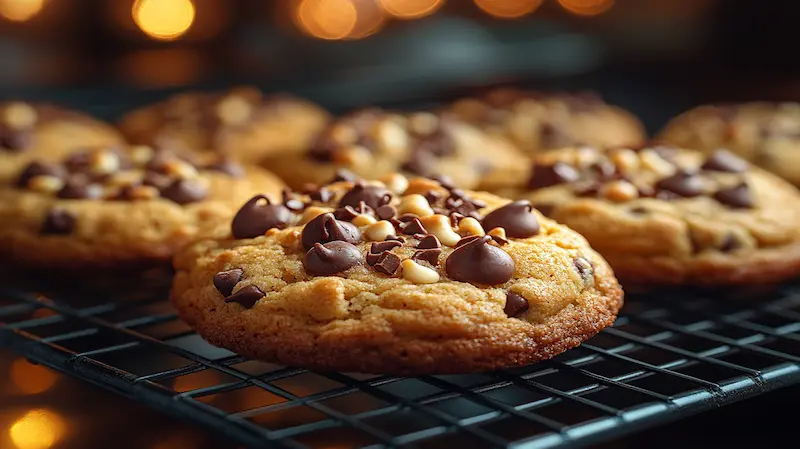 Freshly baked chocolate chip cookies on a cooling rack