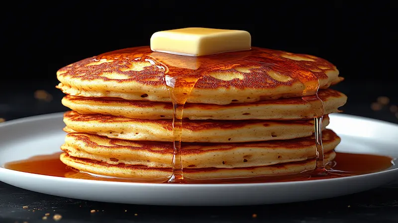 A stack of golden mini pancakes drizzled with maple syrup.