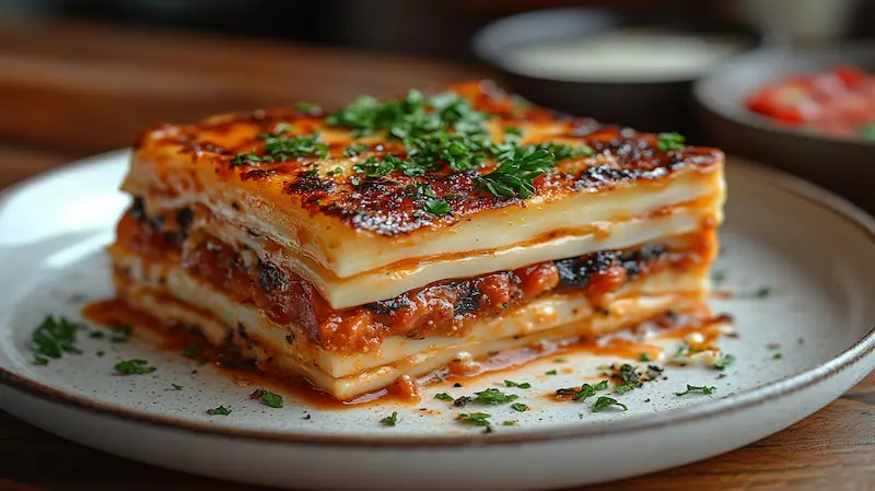 A slice of San Giorgio Lasagna served on a white plate.
