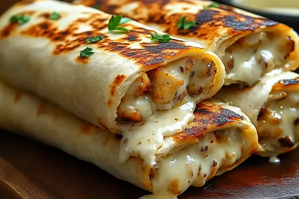 Crispy cheesy garlic chicken wraps plated with parsley garnish