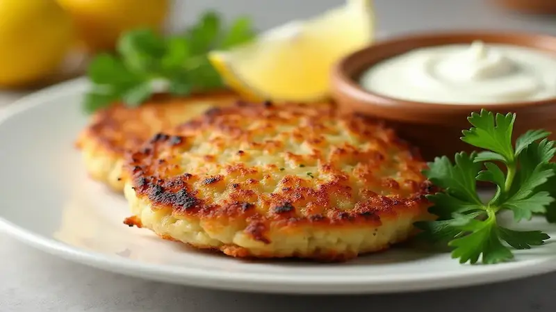 Crab cakes served on a plate with lemon wedges and sauce