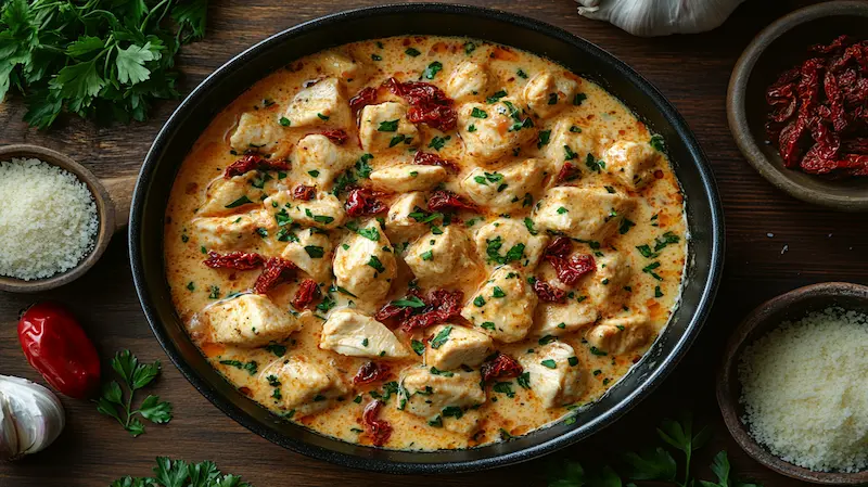 Creamy keto chicken with sun-dried tomatoes in a skillet.