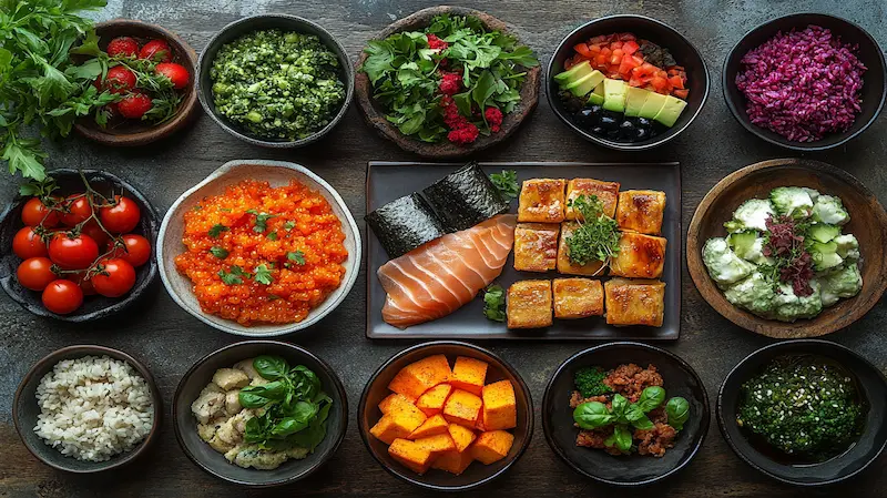 A vibrant collage of trending recipes including plant-based dishes, fusion cuisines, and colorful desserts