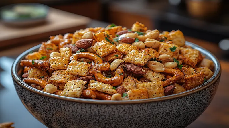 A bowl of homemade Chex Mix fresh out of the oven