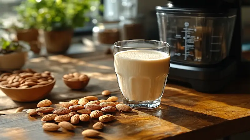 A glass of homemade almond milk next to a Vitamix blender.