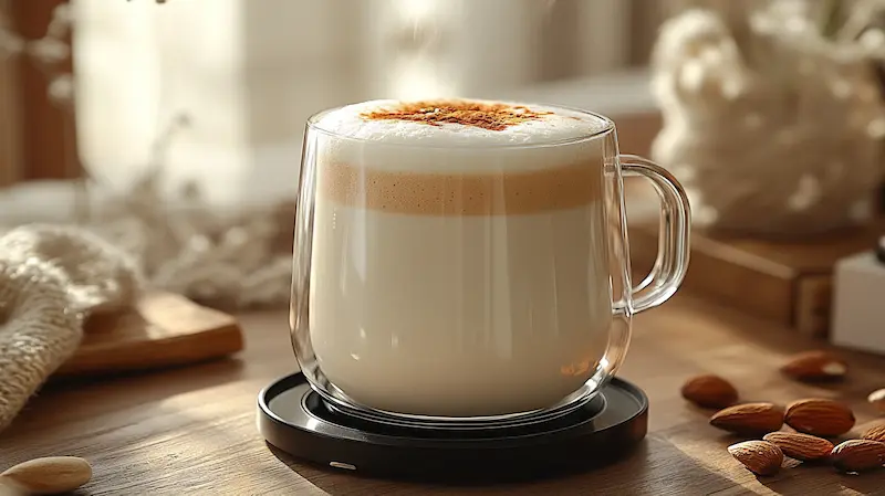 Frothy almond milk in a glass mug with foam on top.
