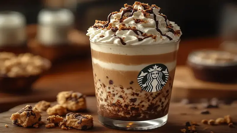 Mocha Cookie Crumble Frappuccino: Sweet Treat 1 Starbucks Mocha Cookie Crumble Frappuccino in a cup with whipped cream and chocolate drizzle.