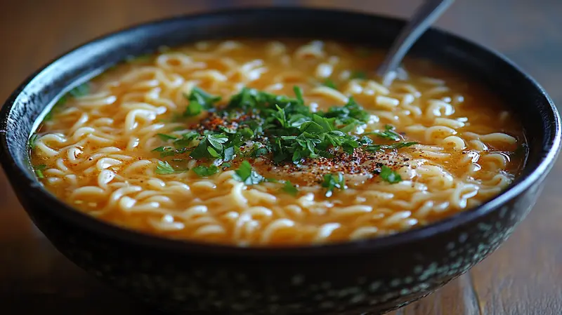 A bowl of Italian pastina soup with a spoon.