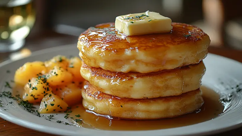 A stack of hotcakes with butter and maple syrup on top