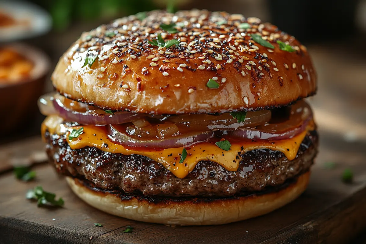 A perfectly plated crack burger with toppings and sauce on a rustic wooden plate