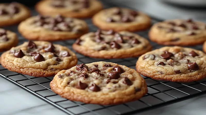 A batch of freshly baked chocolate chip cookies on a cooling rack.