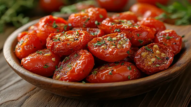Sun-dried tomatoes on a wooden spoon.