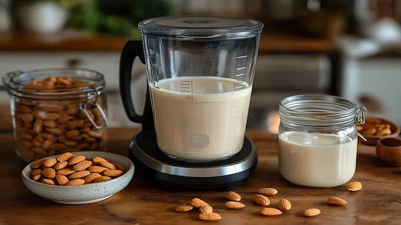 A Vitamix blender alongside a jar of fresh almond milk and raw almonds.