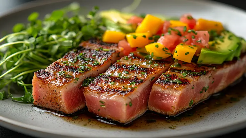 A beautifully plated ahi tuna steak surrounded by tropical fruits and vegetables.