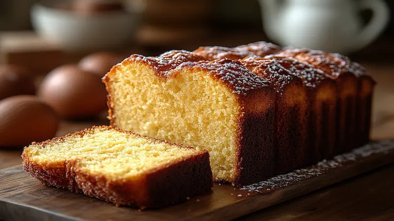 A freshly baked golden pound cake sliced to reveal its soft crumb