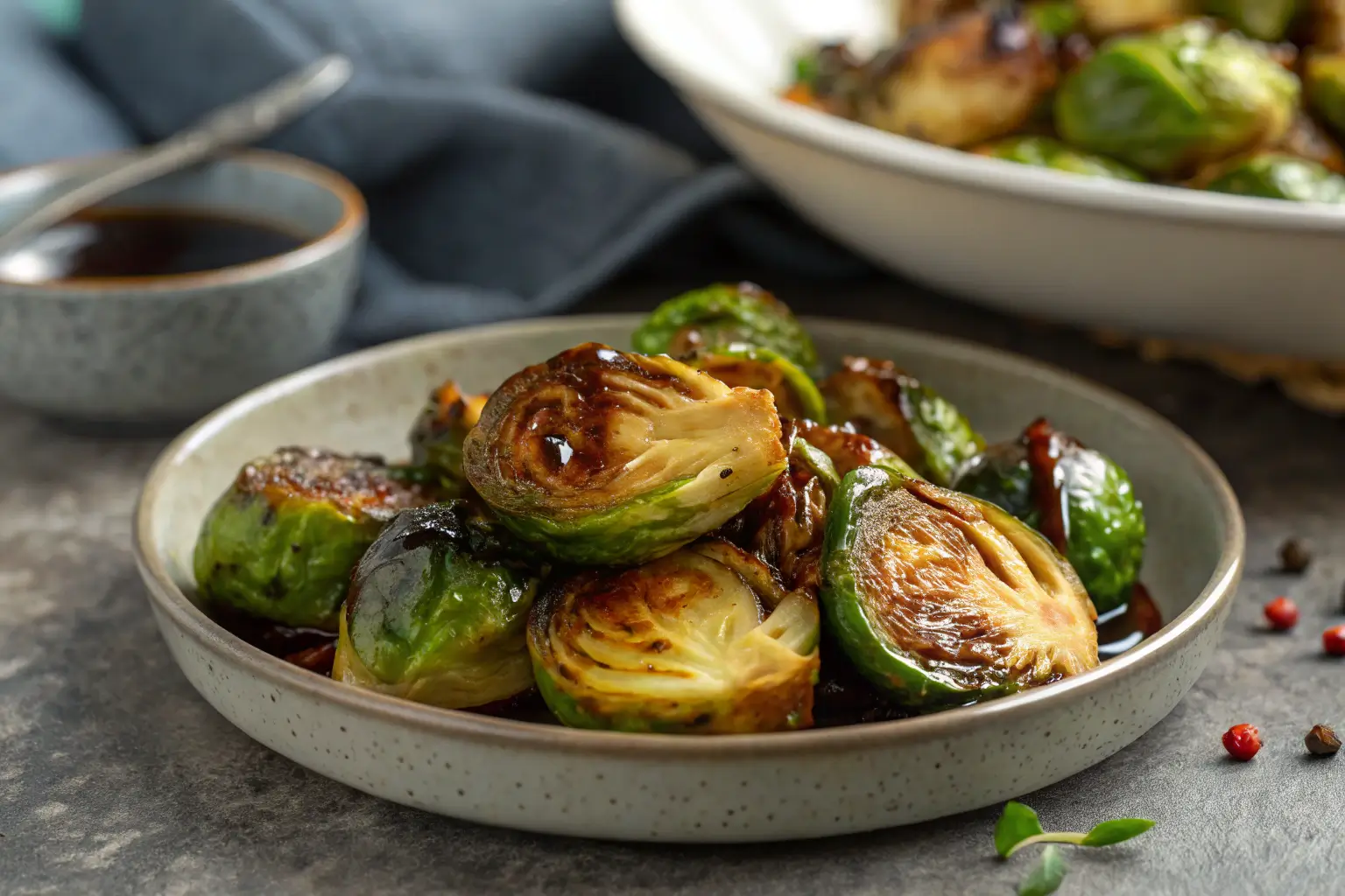 Close-up of balsamic glazed Brussels sprouts on a gray surface