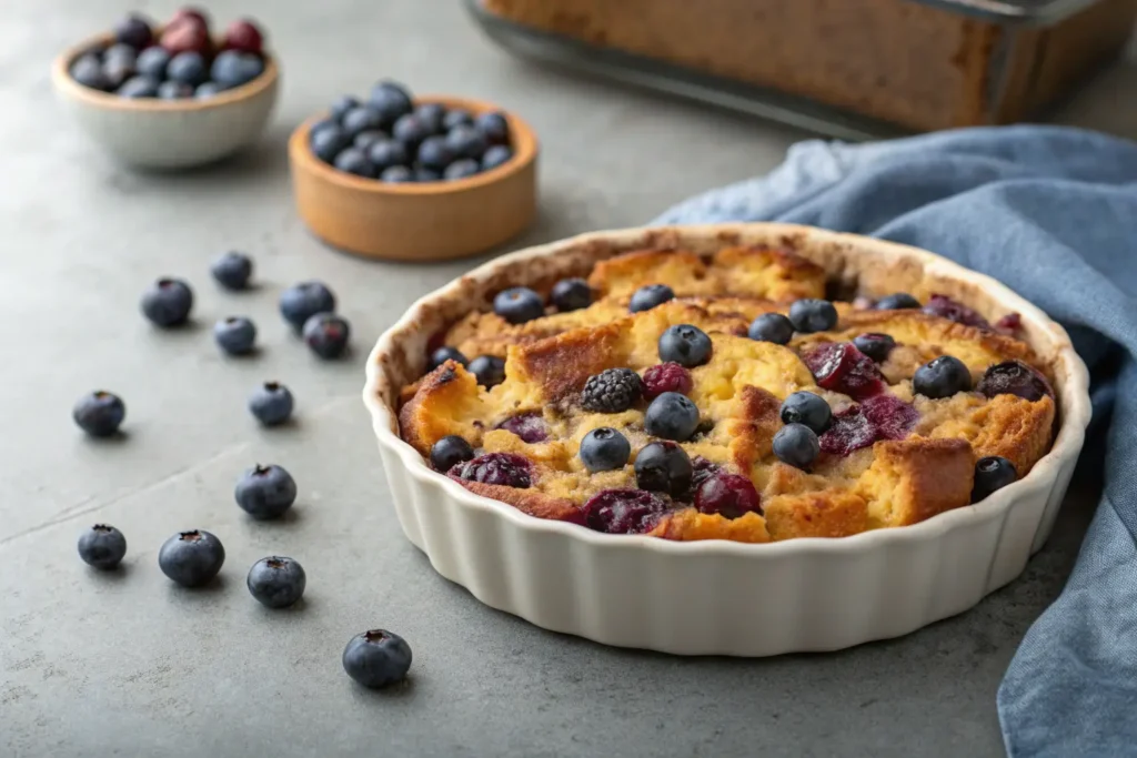 Blueberry French toast casserole on a gray concrete surface.