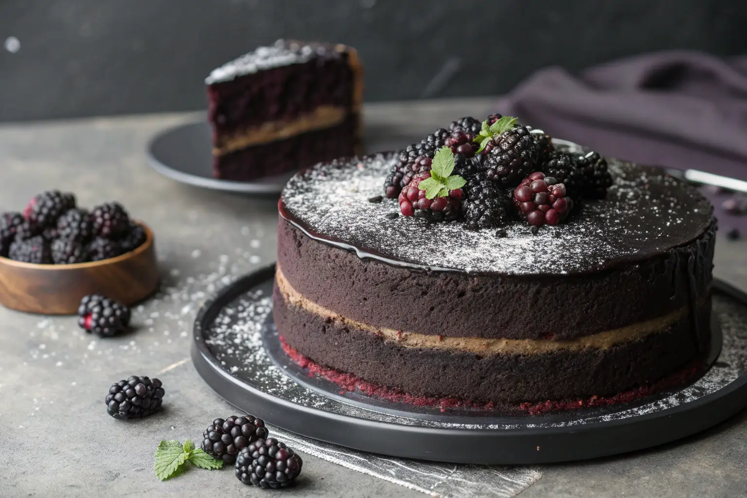 Black Velvet Halloween Cake Recipe 1 Close-up of Black Velvet Halloween Cake with blackberry compote.