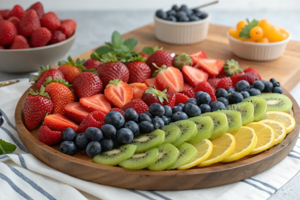 Colorful brunch fruit board with various fruits on a platter.