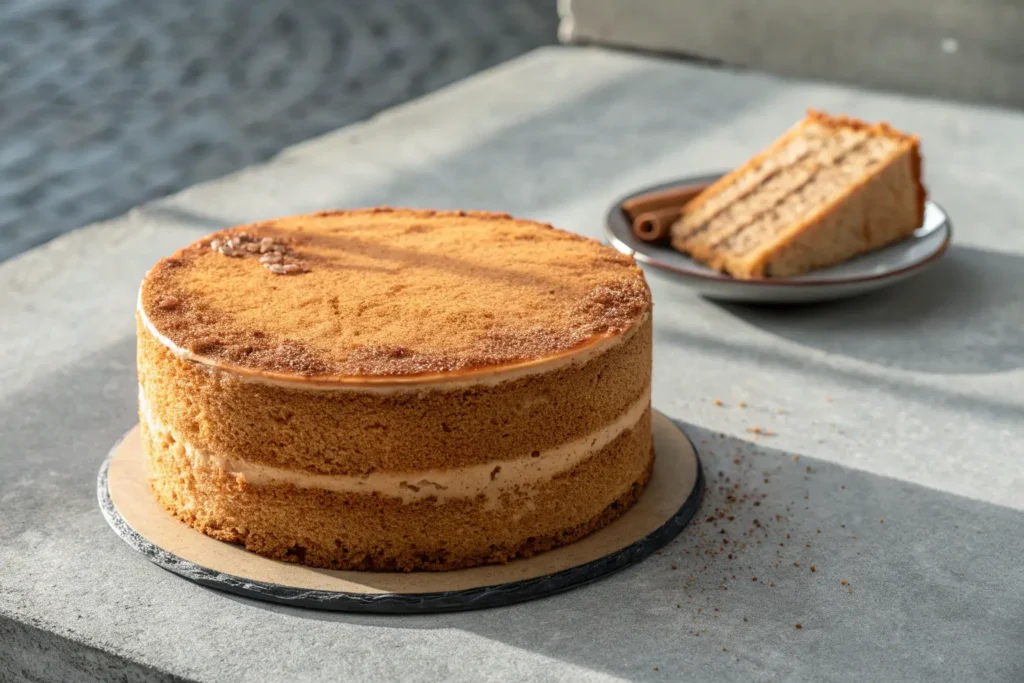 Close-up of chai cake with brown sugar on gray concrete background.