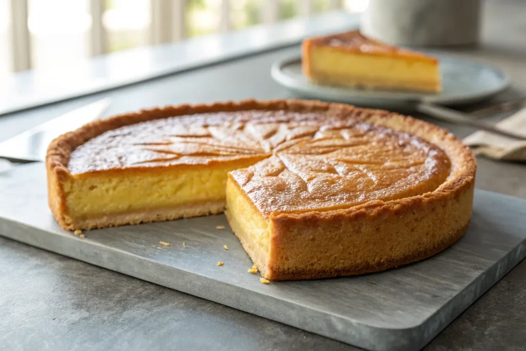 Close-up of a Classic French Butter Cake on a gray surface.