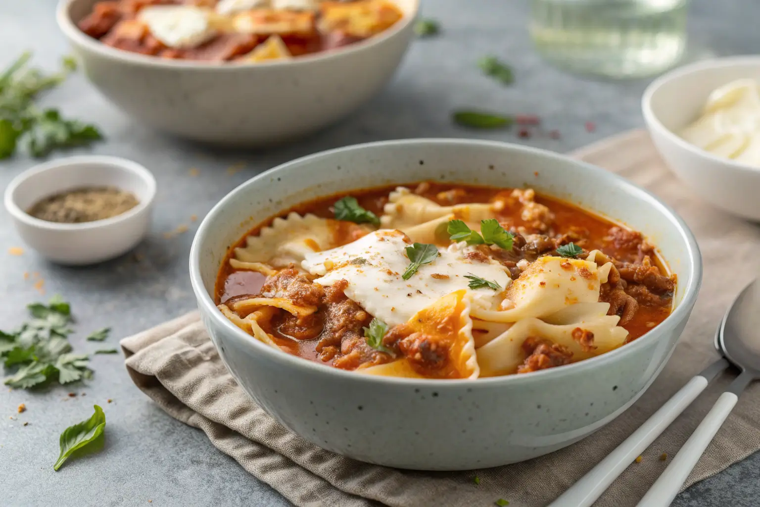 High-Protein Garlic Butter Beef Bites | Slow Cooker Meal Prep 2 Close-up of Slow Cooker Lasagna Soup in a bowl.