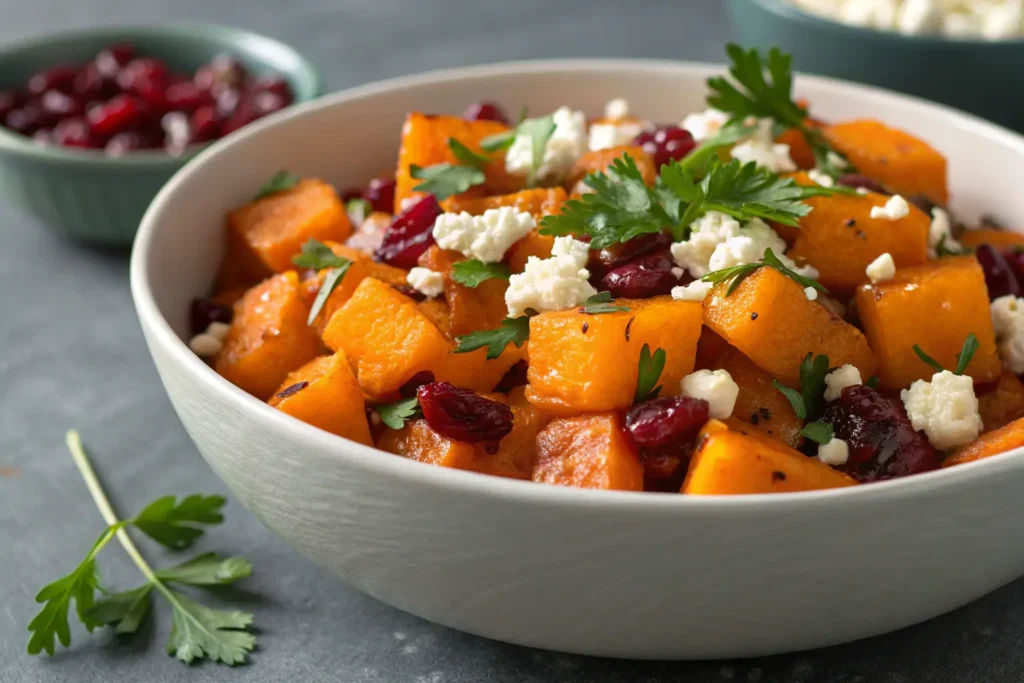 Roasted butternut squash with cranberries and feta cheese.