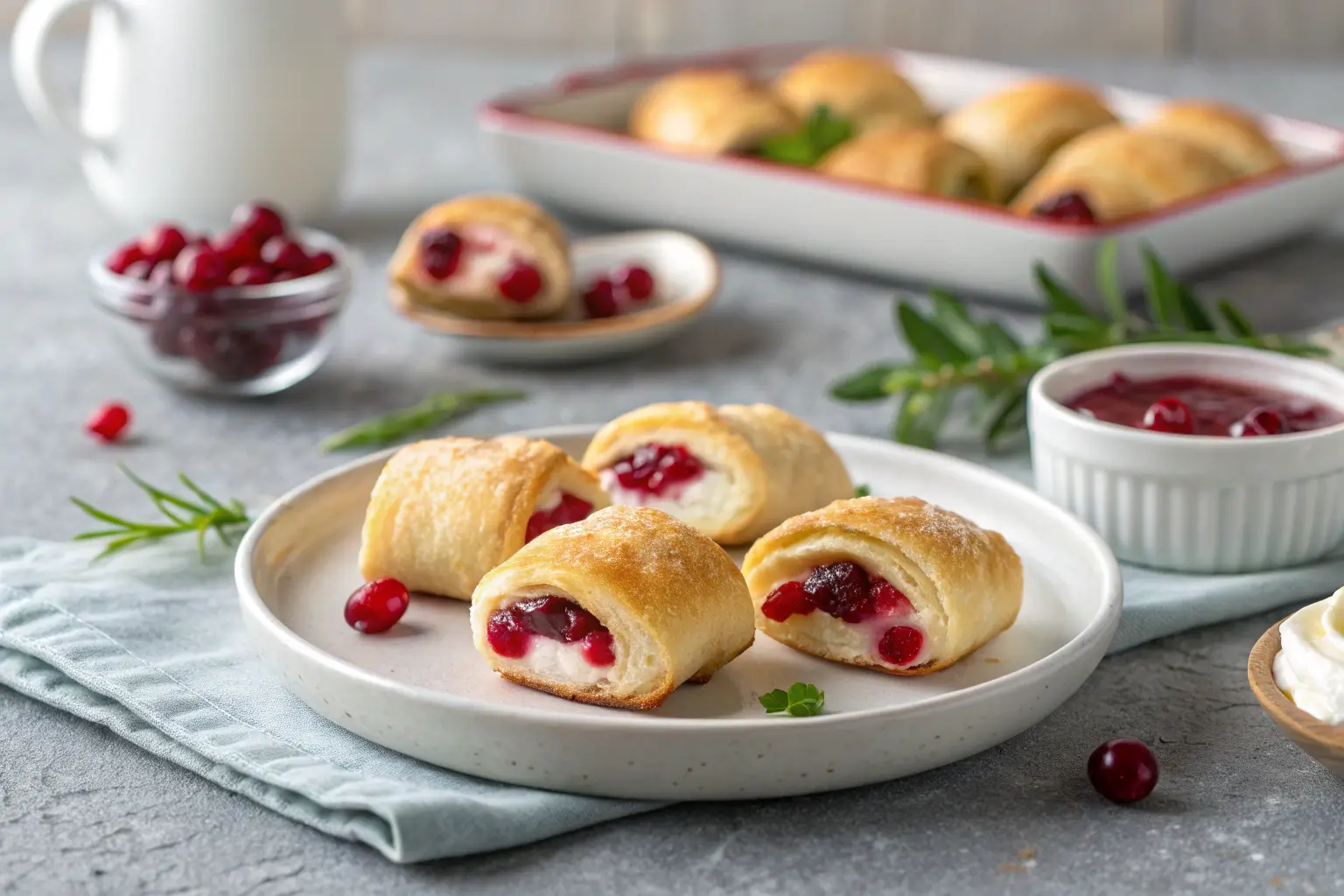 Cranberry Cream Cheese Crescent Bites 1 Golden-brown cranberry cream cheese crescent bites on a table.