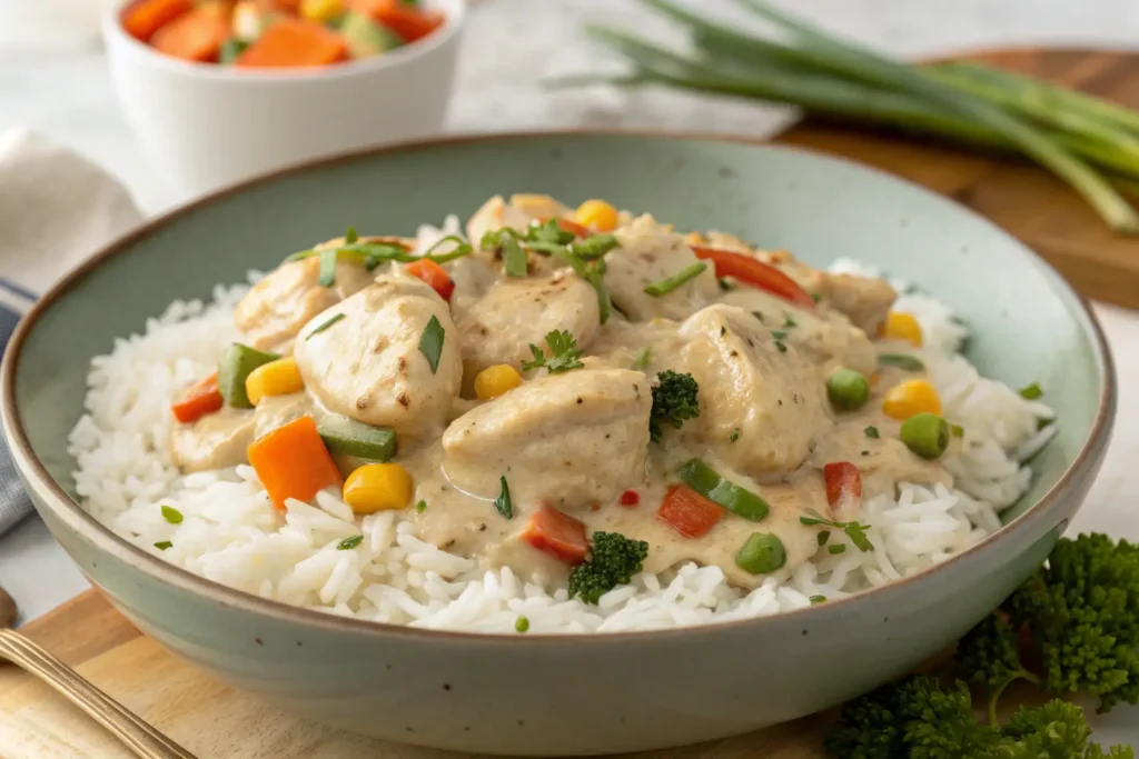 Close-up of creamy ranch chicken dinner with rice and vegetables.