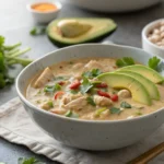 Creamy white bean chicken chili topped with cilantro and avocado.