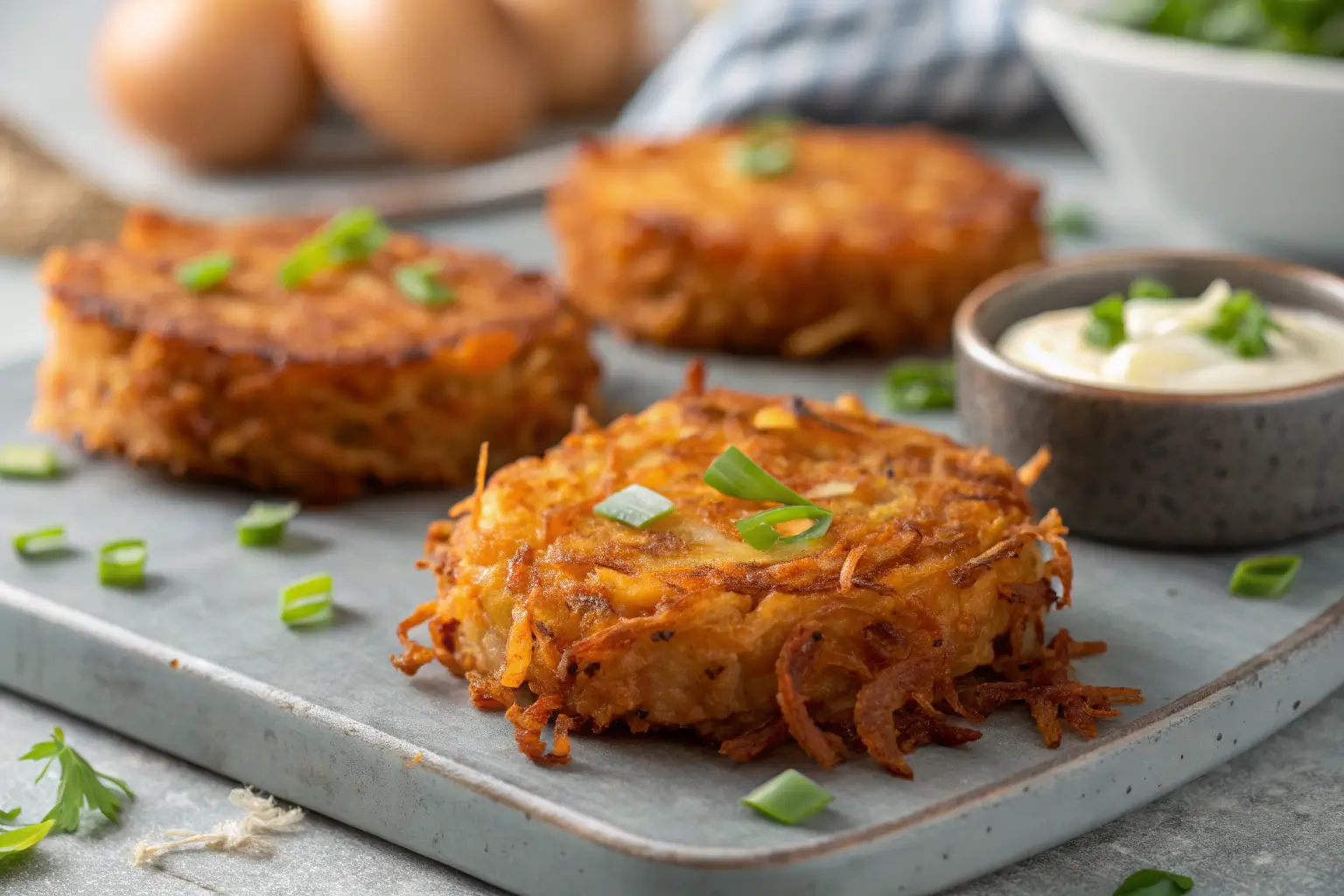 Sweet Potato Hash Browns Recipe 1 Crispy sweet potato hash browns on a gray concrete surface.