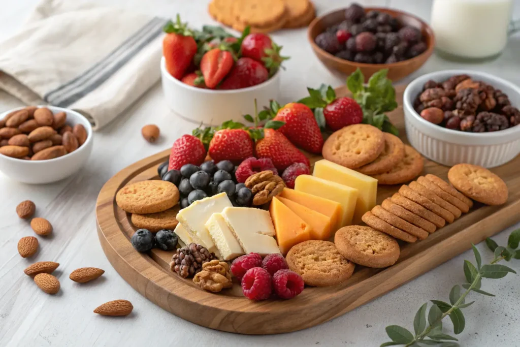 Close-up of a colorful dessert charcuterie board with fruits and sweets.