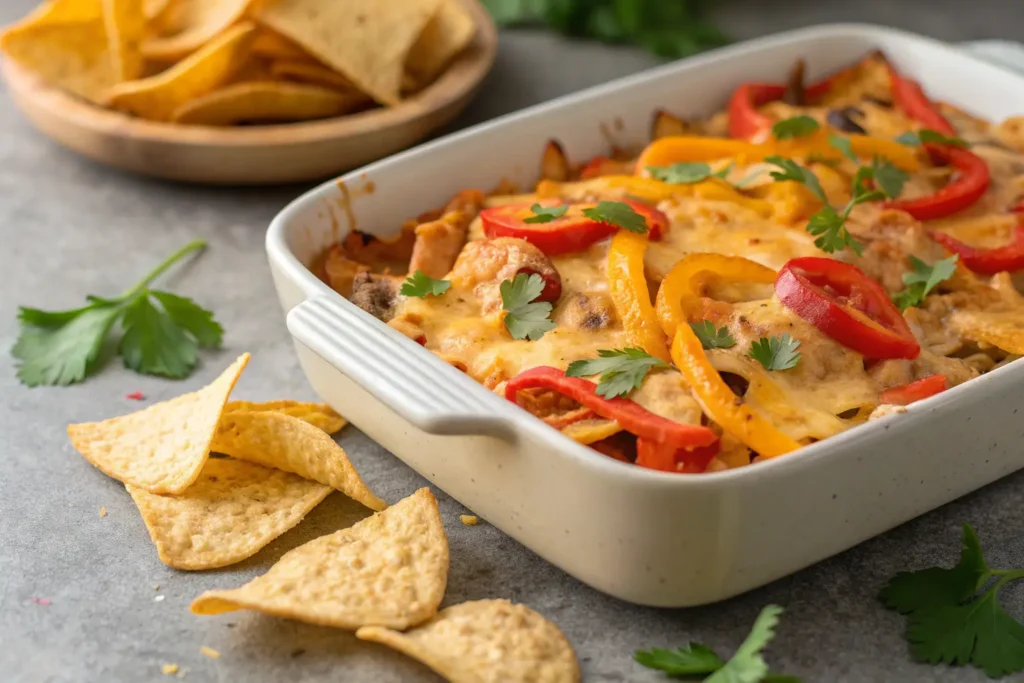 Close-up of chicken fajita casserole with cheese and peppers