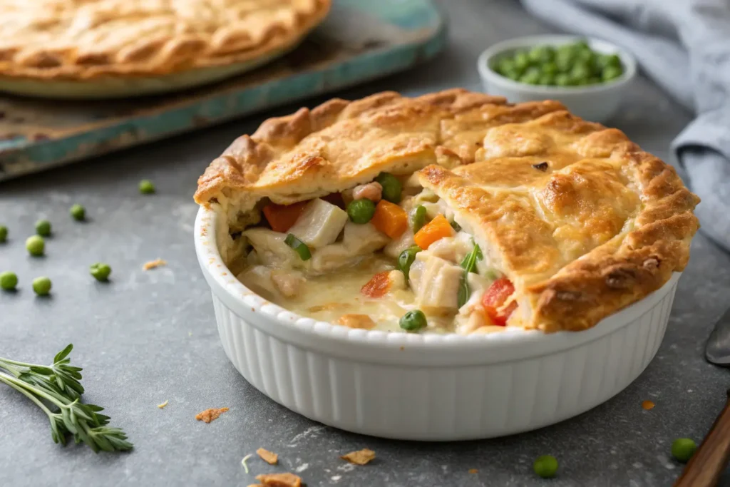 Close-up of a Chicken Pot Pie with flaky crust and creamy filling.