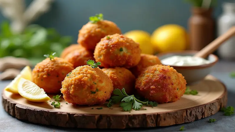 Golden-brown crispy easy crab balls recipe served with parsley garnish, lemon wedges, and dipping sauce on a wooden platter in a cozy kitchen setting.