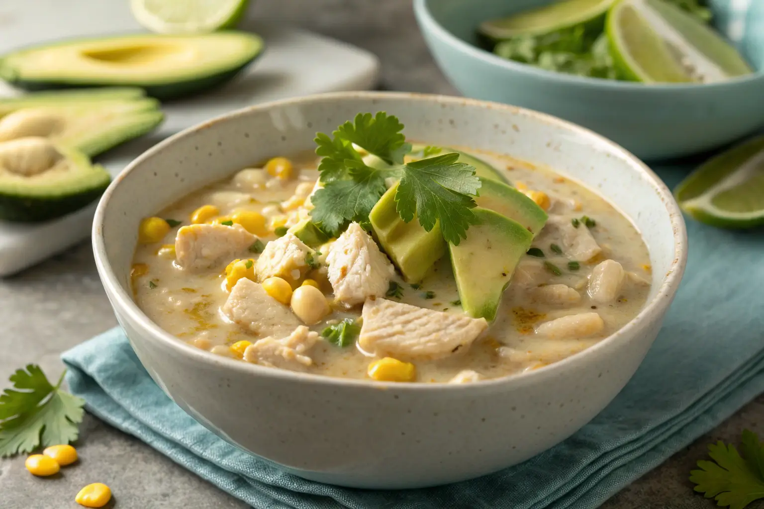 Easy Creamy Crockpot White Chicken Chili 1 Creamy white chicken chili with beans and corn in a bowl