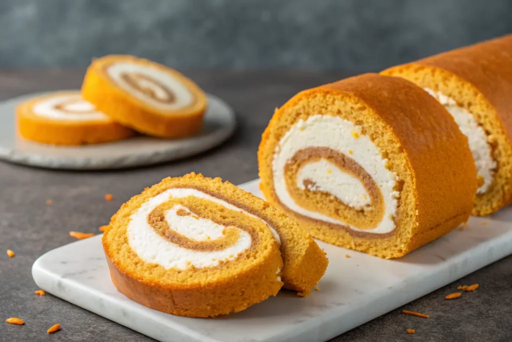 Close-up of a sliced pumpkin roll cake with cream cheese filling.