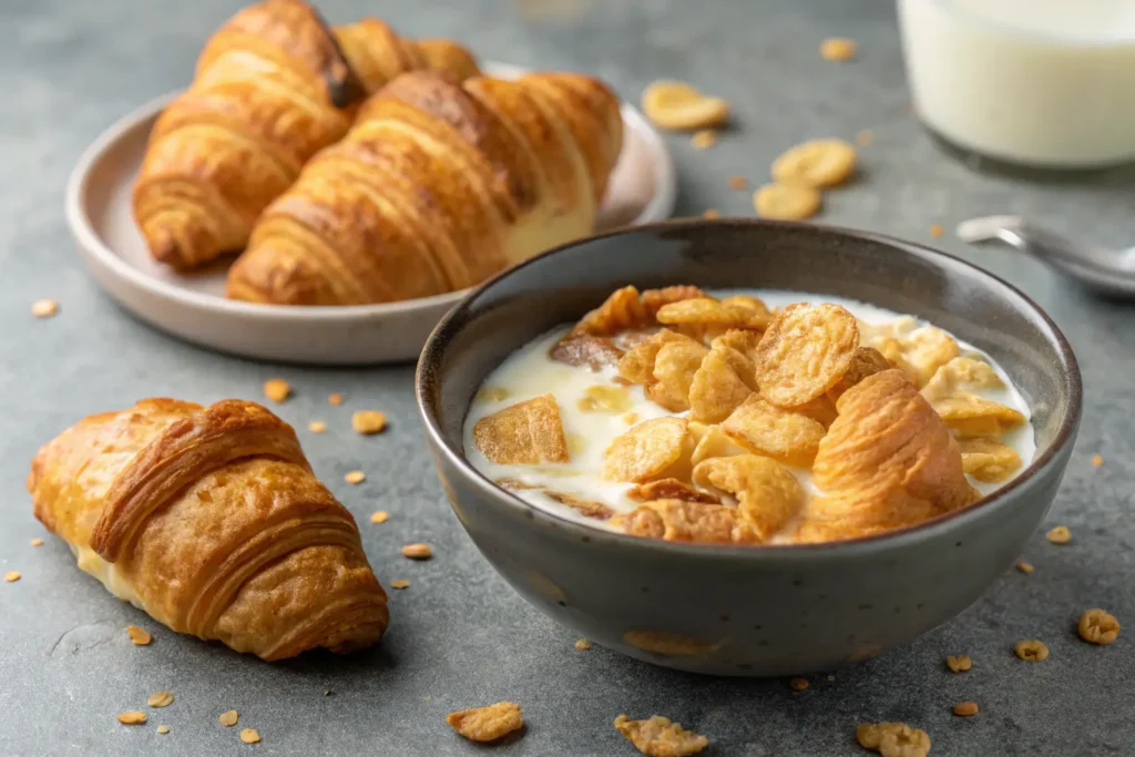 Croissant cereal with milk in a bowl, showcasing crispy texture.