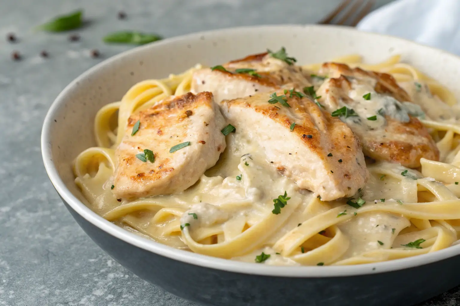 Creamy Parmesan chicken pasta served in a bowl.