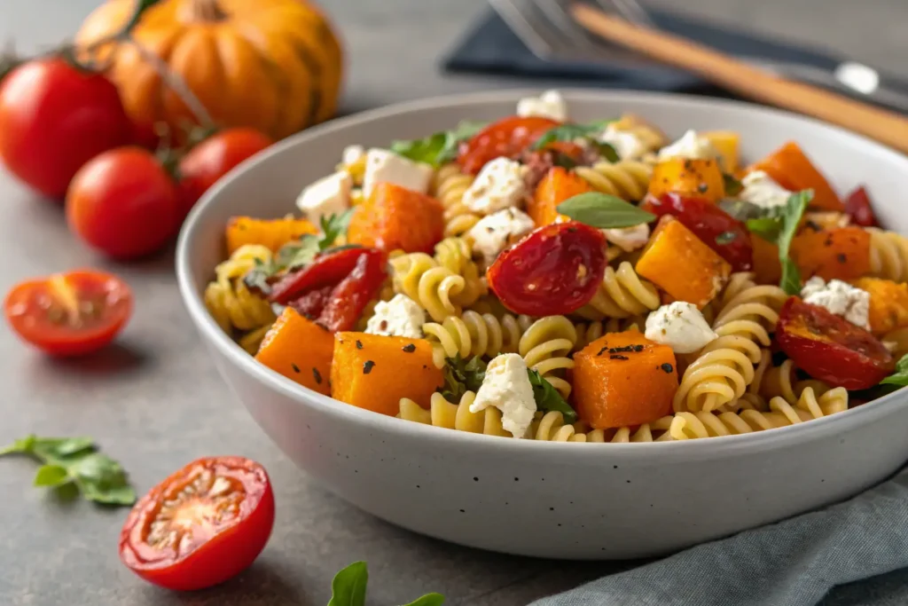 Colorful Fall Harvest Pasta Salad with rotini and veggies.