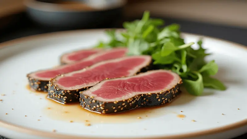 Plated seared ahi tuna recipe steak with sesame crust and fresh greens.
