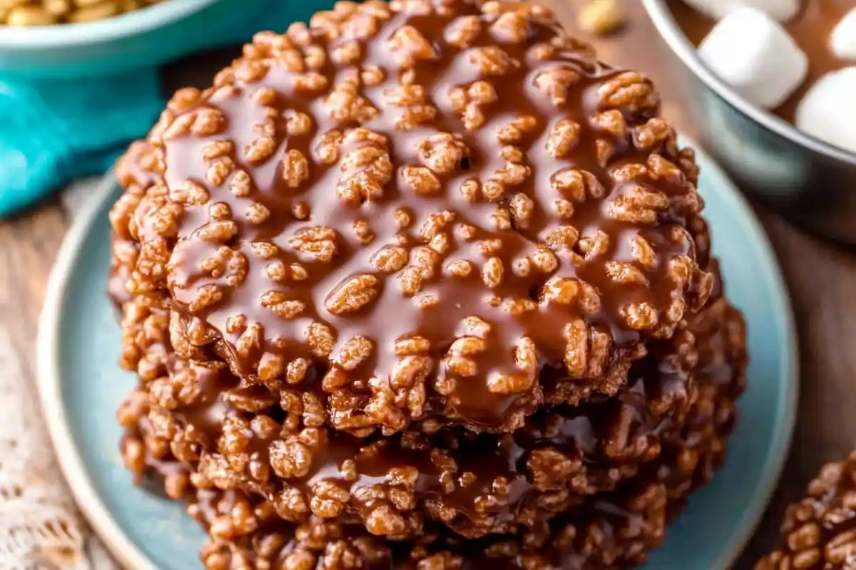 Homemade Star Crunch cookies with caramel and chocolate on rustic wooden counter