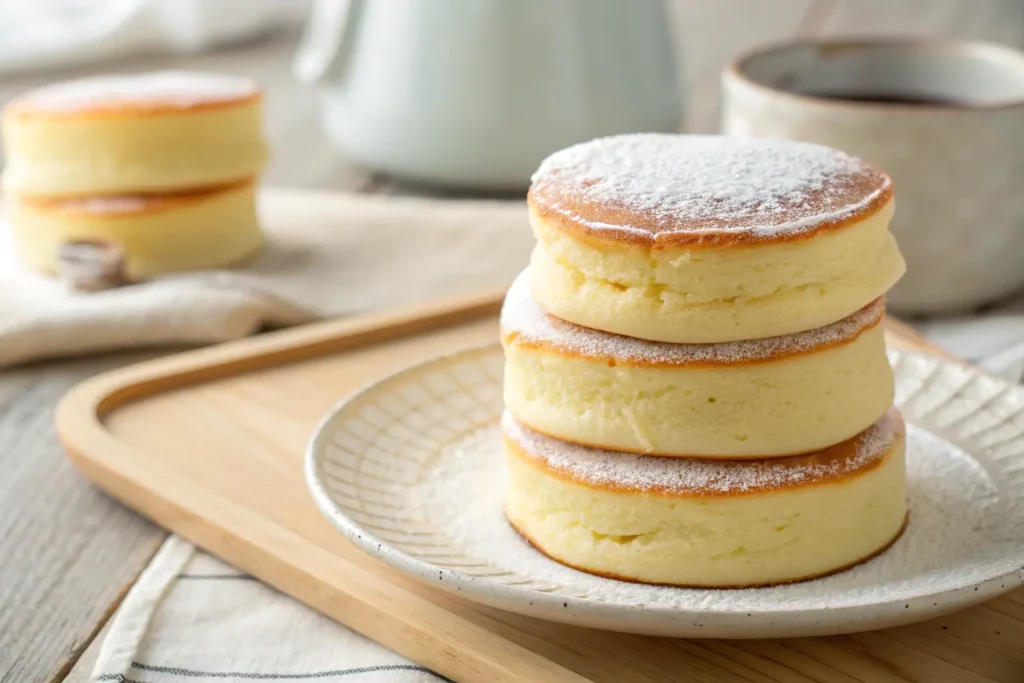 Fluffy Japanese soufflé pancakes stacked on a wood table.
