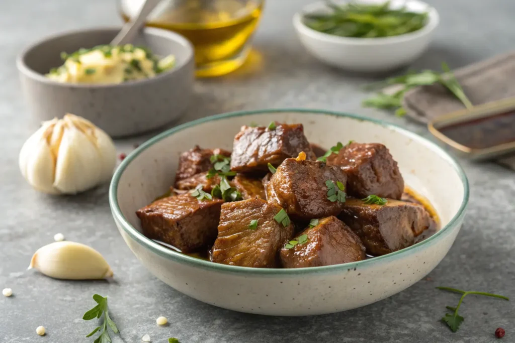Close-up of garlic butter beef bites on a gray concrete surface.